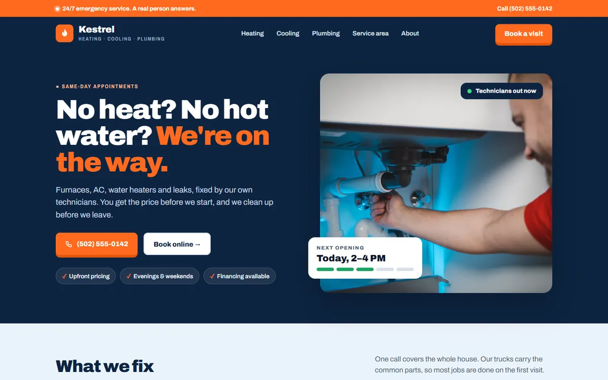 HVAC & plumbing homepage on a laptop
