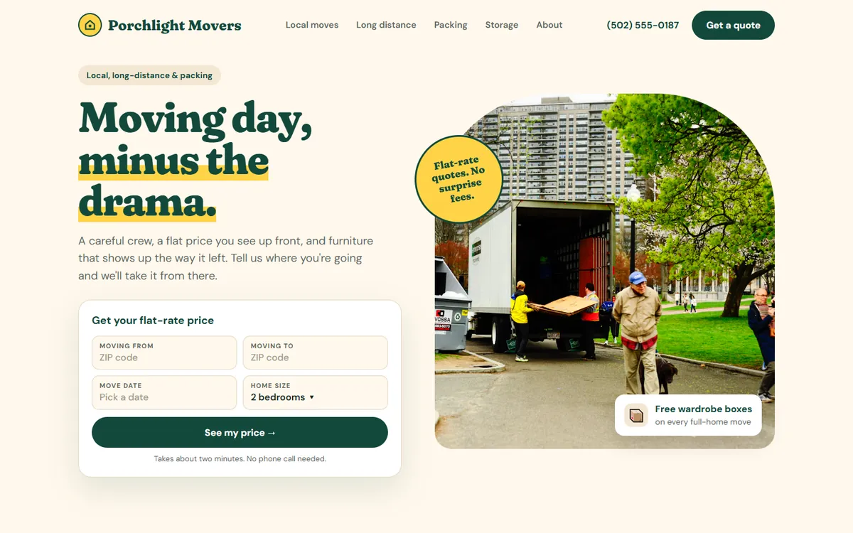 Moving company homepage on a laptop